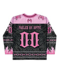 Pink and black Cute But Psycho hockey jersey rave bodysuit front view festival outfit with gothic design