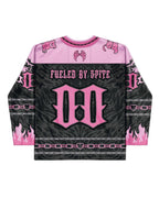 Pink and black Cute But Psycho hockey jersey rave bodysuit front view festival outfit with gothic design