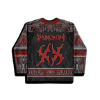 Darkness Hockey Jersey, back view, featuring a jagged red 'DARKSIDE' text and two large stylized red symbols on a dark mesh fabric, with intricate red and grey patterns on the sleeves and upper back.