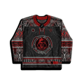Darkness Hockey Jersey, a black and red long-sleeve jersey with a grim reaper skull graphic and intricate skeletal patterns. Flat lay, Freedom Rave Wear