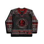 Darkness Hockey Jersey, a black and red long-sleeve jersey with a grim reaper skull graphic and intricate skeletal patterns. Flat lay, Freedom Rave Wear