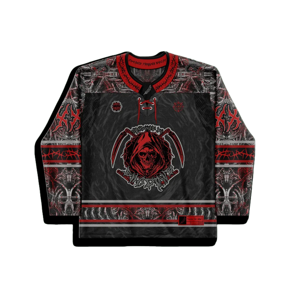 Darkness Hockey Jersey, a black and red long-sleeve jersey with a grim reaper skull graphic and intricate skeletal patterns. Flat lay, Freedom Rave Wear