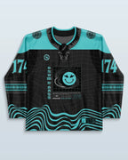 DnB Hockey Jersey rave bodysuit in turquoise and black with grid patterns and wave designs, front view