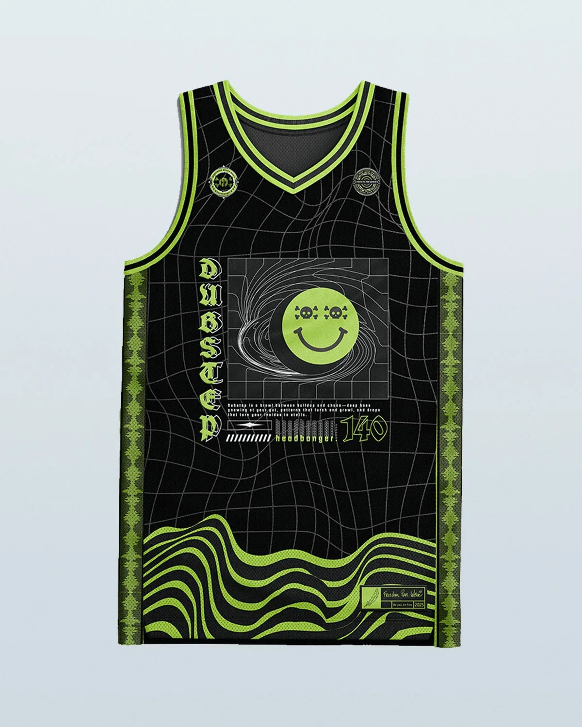 Dubstep basketball jersey rave bodysuit in black with neon green grid pattern and smiley face graphic front view
