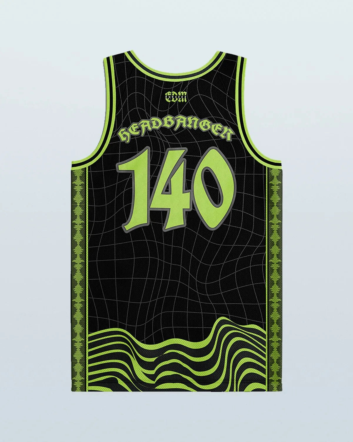 Black rave bodysuit style dubstep basketball jersey with neon green grid pattern for festival outfits