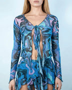 Rave top in Glacial Sea print with flowing sheer sleeves and front tie detail for festival fashion