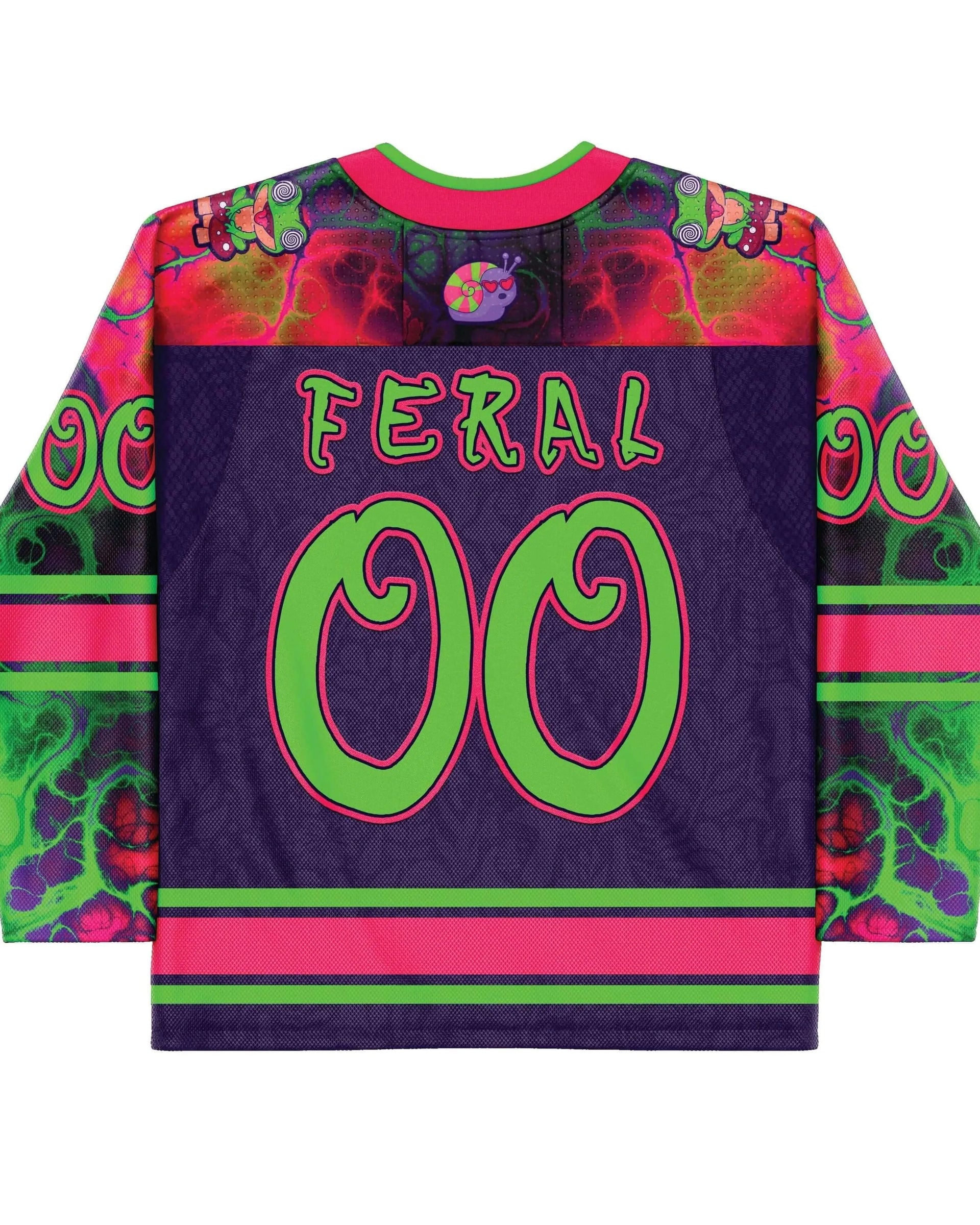 Rave bodysuit style Goblin Mode hockey jersey back view showing psychedelic skull rose festival outfit design