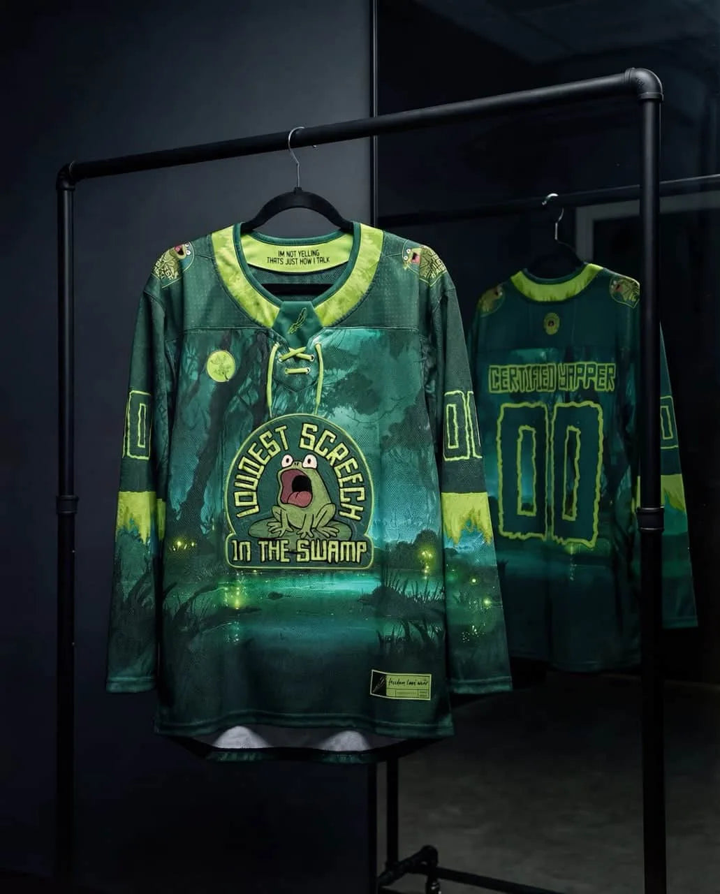Certified Yapper Hockey Jersey in green, featuring a screaming frog graphic and "Loudest Screech in the Swamp" text, perfect for rave festivals.
