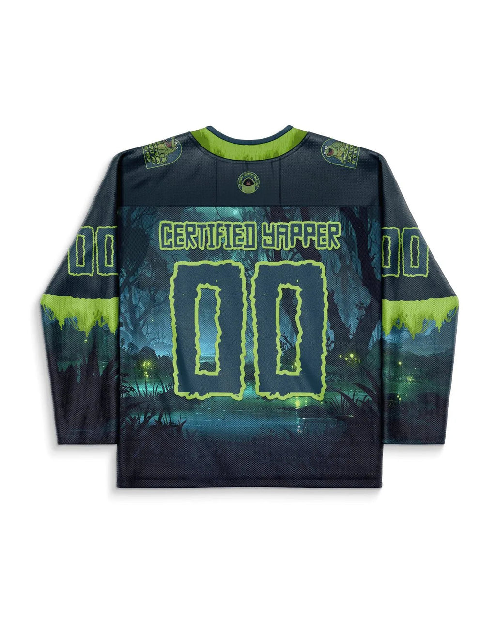 Back view of the Certified Yapper Hockey Jersey, showcasing a dark teal and lime green swamp scene with '00' and 'CERTIFIED YAPPER' text, perfect for a rave festival.