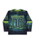 Back view of the Certified Yapper Hockey Jersey, showcasing a dark teal and lime green swamp scene with '00' and 'CERTIFIED YAPPER' text, perfect for a rave festival.