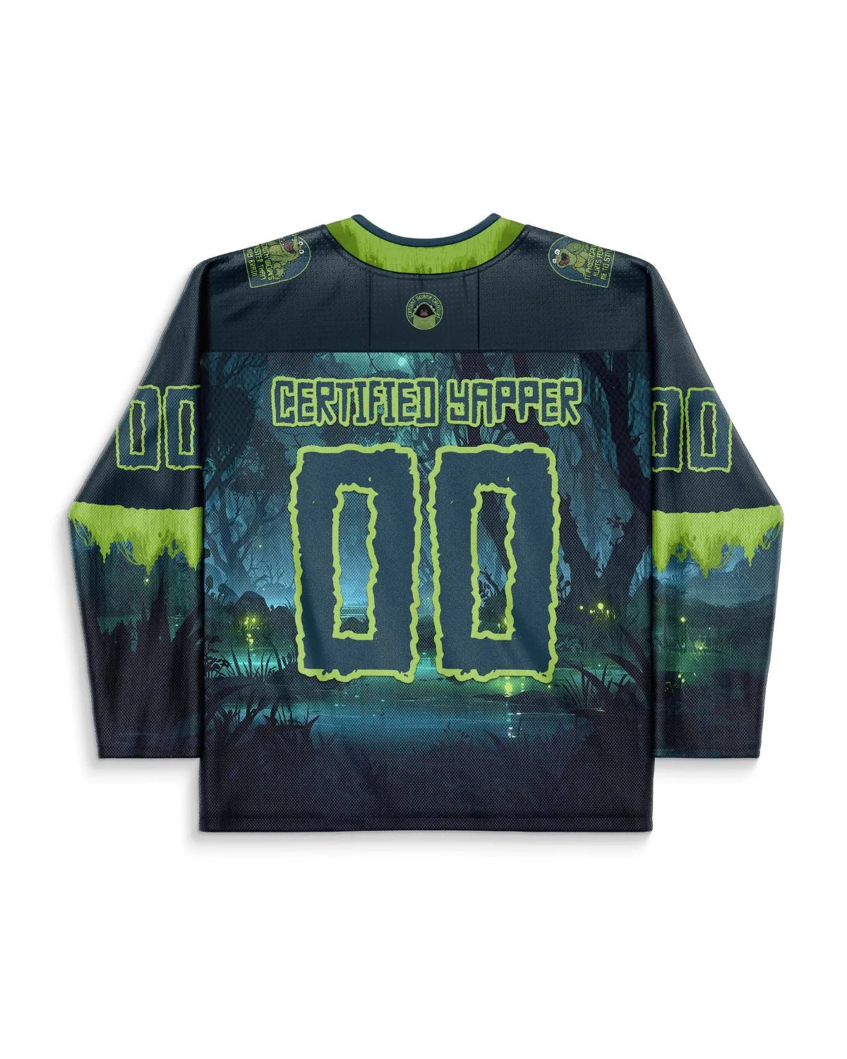 Back view of the Certified Yapper Hockey Jersey, showcasing a dark teal and lime green swamp scene with '00' and 'CERTIFIED YAPPER' text, perfect for a rave festival.