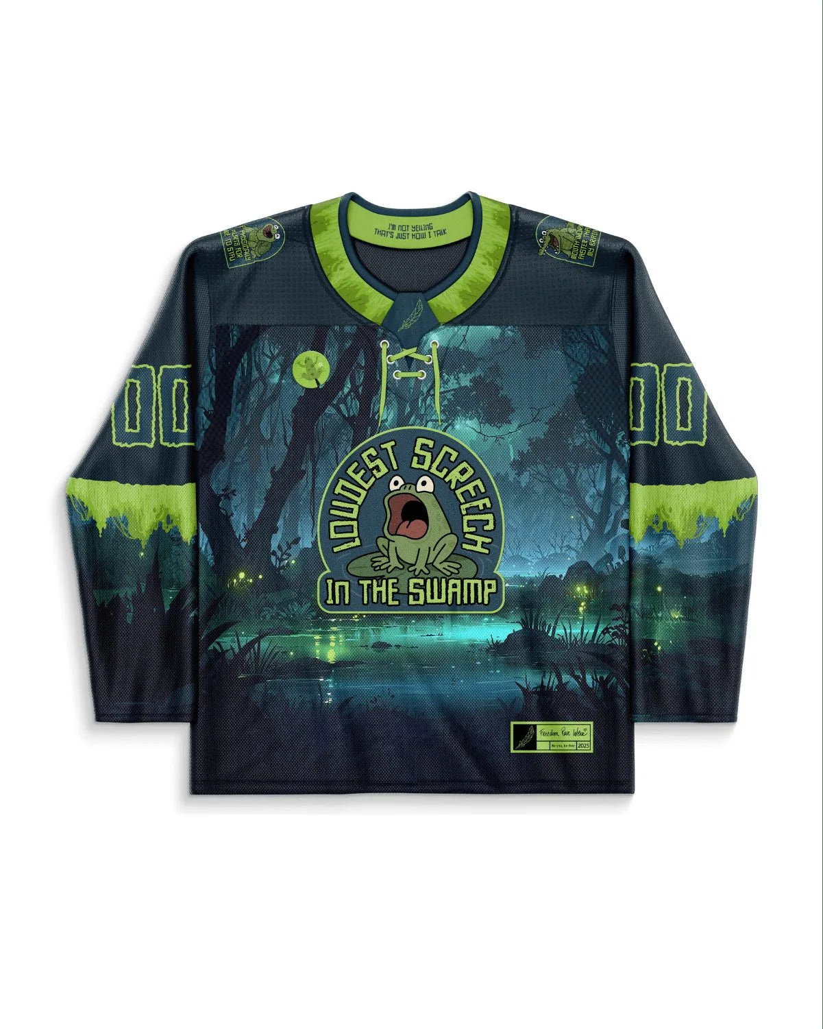 Certified Yapper Hockey Jersey in a flat-lay front view, showcasing a dark blue and neon green swamp design with a screaming frog graphic, perfect for rave festivals.