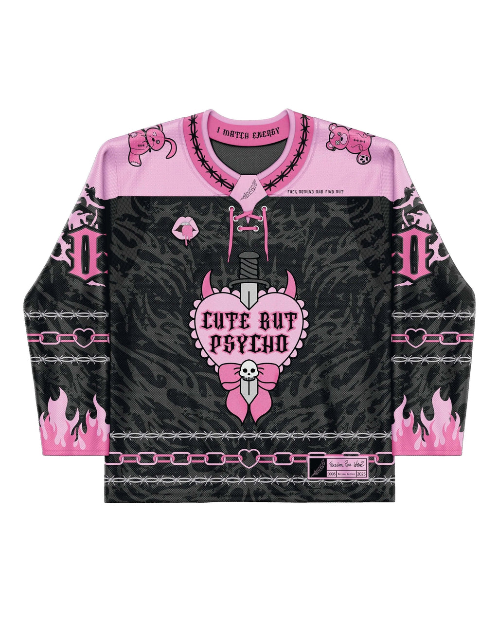 A flat-lay front view of the limited edition Cute But Psycho Hockey Jersey, featuring pink and black colors, perfect for a rave or festival.