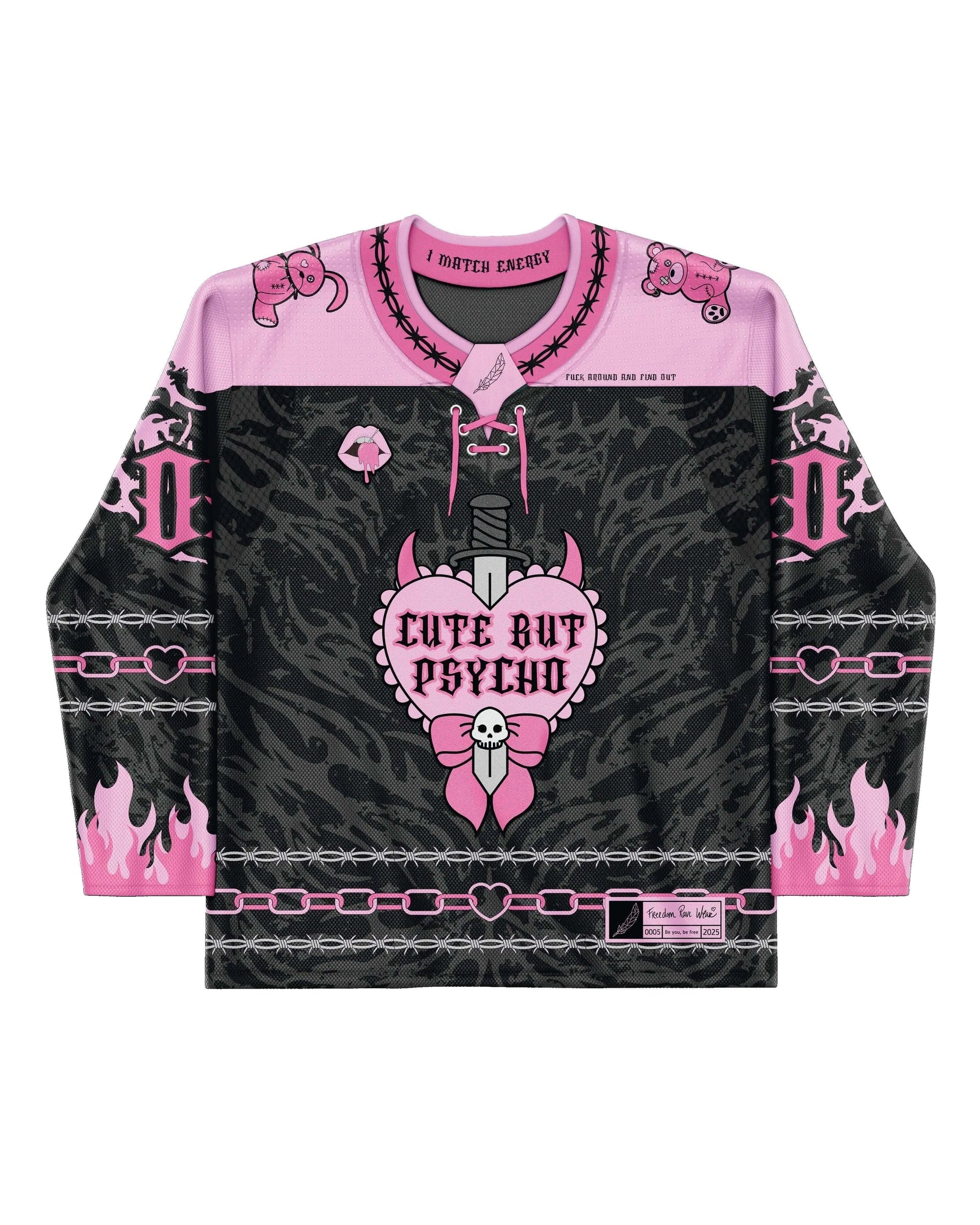 A flat-lay front view of the limited edition Cute But Psycho Hockey Jersey, featuring pink and black colors, perfect for a rave or festival.
