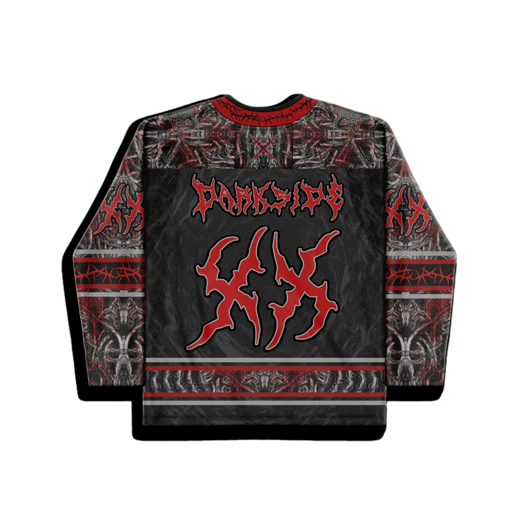 Back view of the Darkness Hockey Jersey, featuring a black base with red and white chaotic sigils, 'DARKSIDE' text, and a large spiky graphic, perfect for a festival.