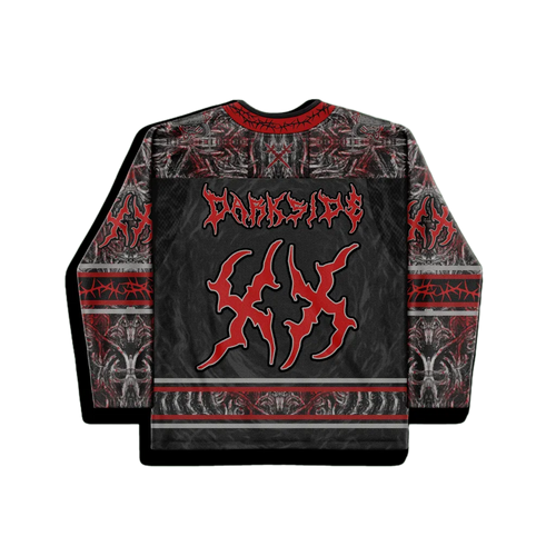 Back view of the Darkness Hockey Jersey, featuring a black base with red and white chaotic sigils, 'DARKSIDE' text, and a large spiky graphic, perfect for a festival.