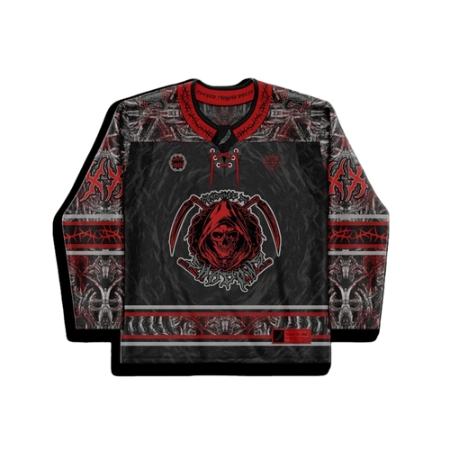 Darkness Hockey Jersey front view, featuring a black and red grim reaper skull design, perfect for a rave festival.