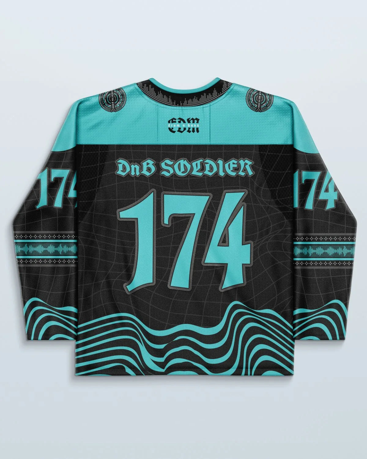 Back of the DnB Hockey Jersey in black and electric teal, featuring 'DnB SOLDIER' and '174' text, perfect for a rave festival.