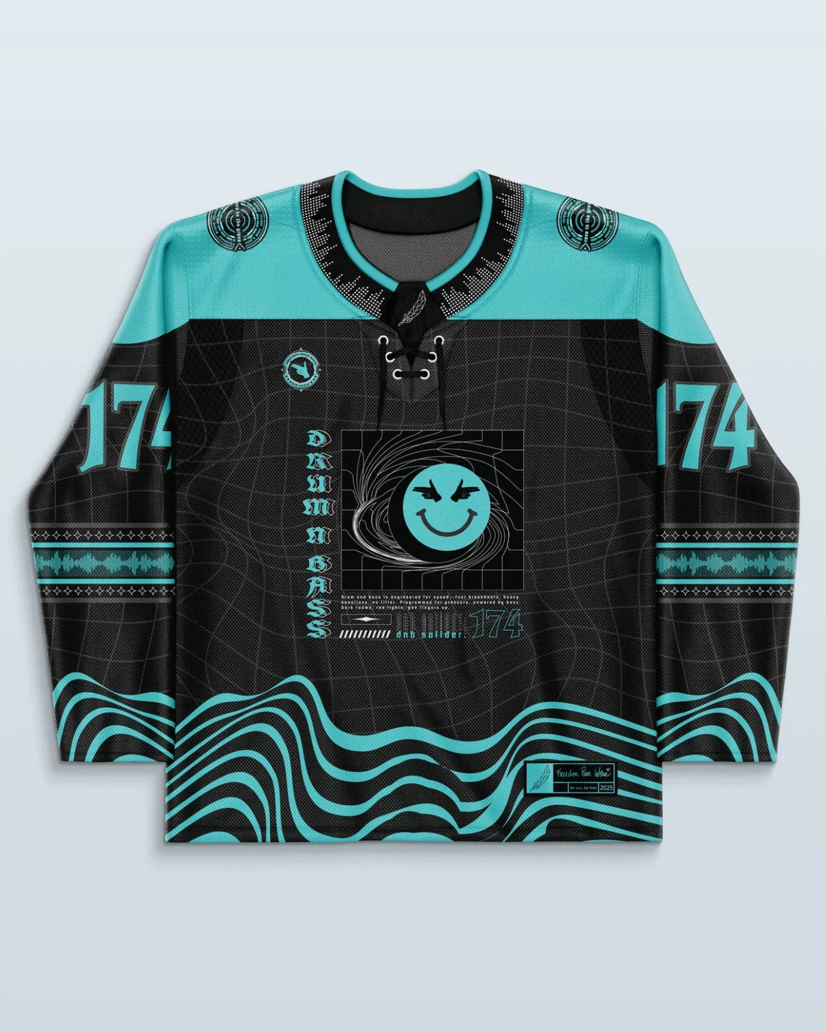 DnB Hockey Jersey front view, featuring electric teal and black with a warped wireframe grid and psychedelic liquid waves, perfect for rave festivals.