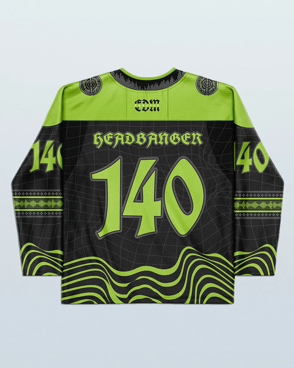 Back view of the Dubstep Hockey Jersey, black and neon green, featuring '140' and 'HEADBANGER' text, perfect for rave festivals.