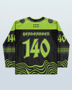 Back view of the Dubstep Hockey Jersey, black and neon green, featuring '140' and 'HEADBANGER' text, perfect for rave festivals.