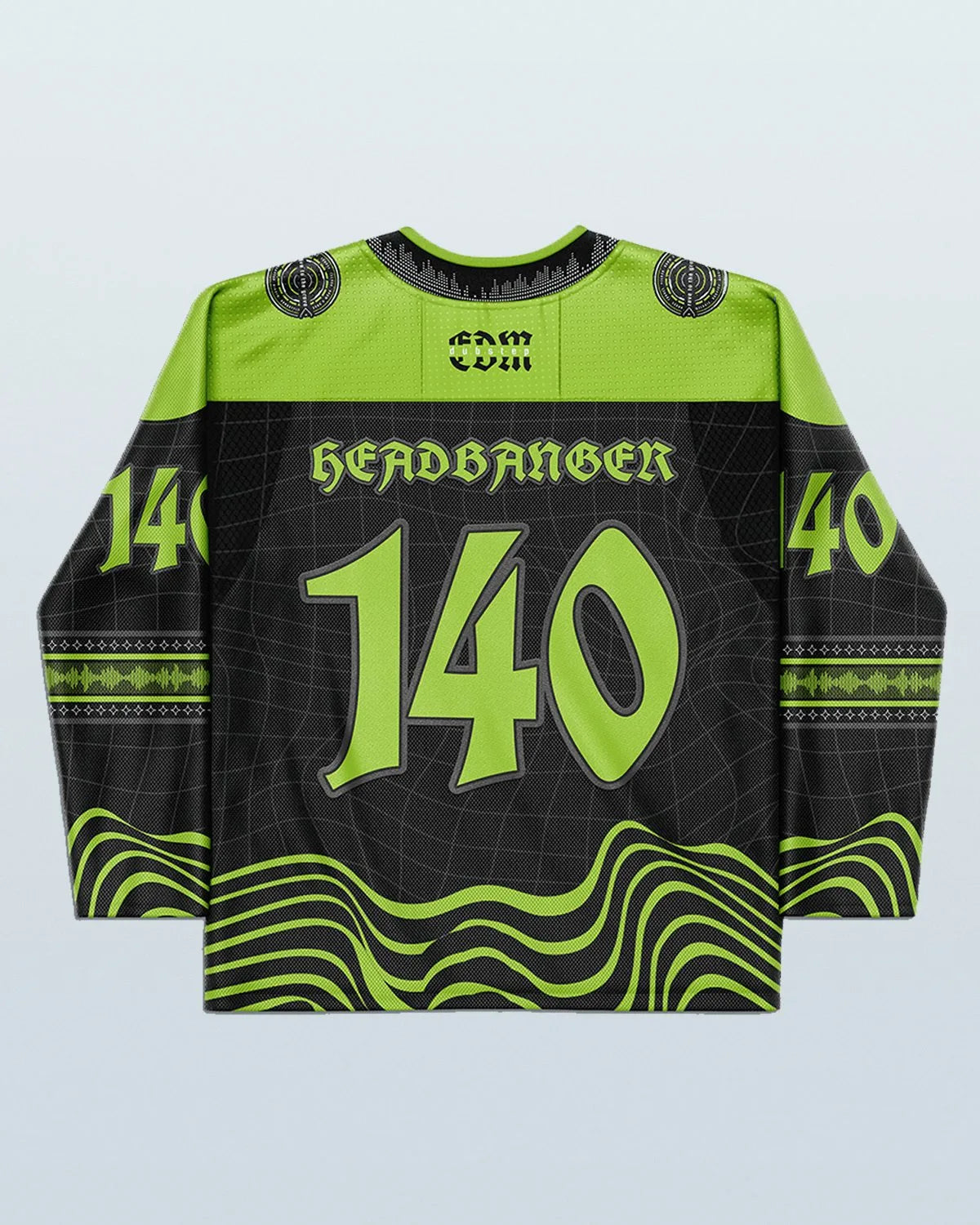 Back view of the Dubstep Hockey Jersey, black and neon green, featuring '140' and 'HEADBANGER' text, perfect for rave festivals.