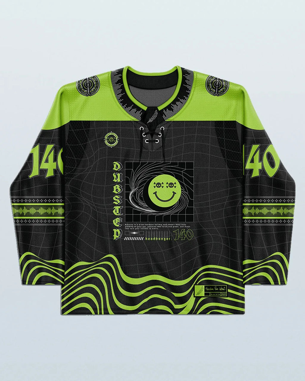 Dubstep Hockey Jersey front view, black and neon green, featuring a swirling smiley face graphic and '140' numbers, perfect for rave festivals.