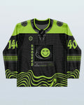 Dubstep Hockey Jersey front view, black and neon green, featuring a swirling smiley face graphic and '140' numbers, perfect for rave festivals.