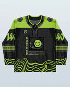 Dubstep Hockey Jersey front view, black and neon green, featuring a swirling smiley face graphic and '140' numbers, perfect for rave festivals.