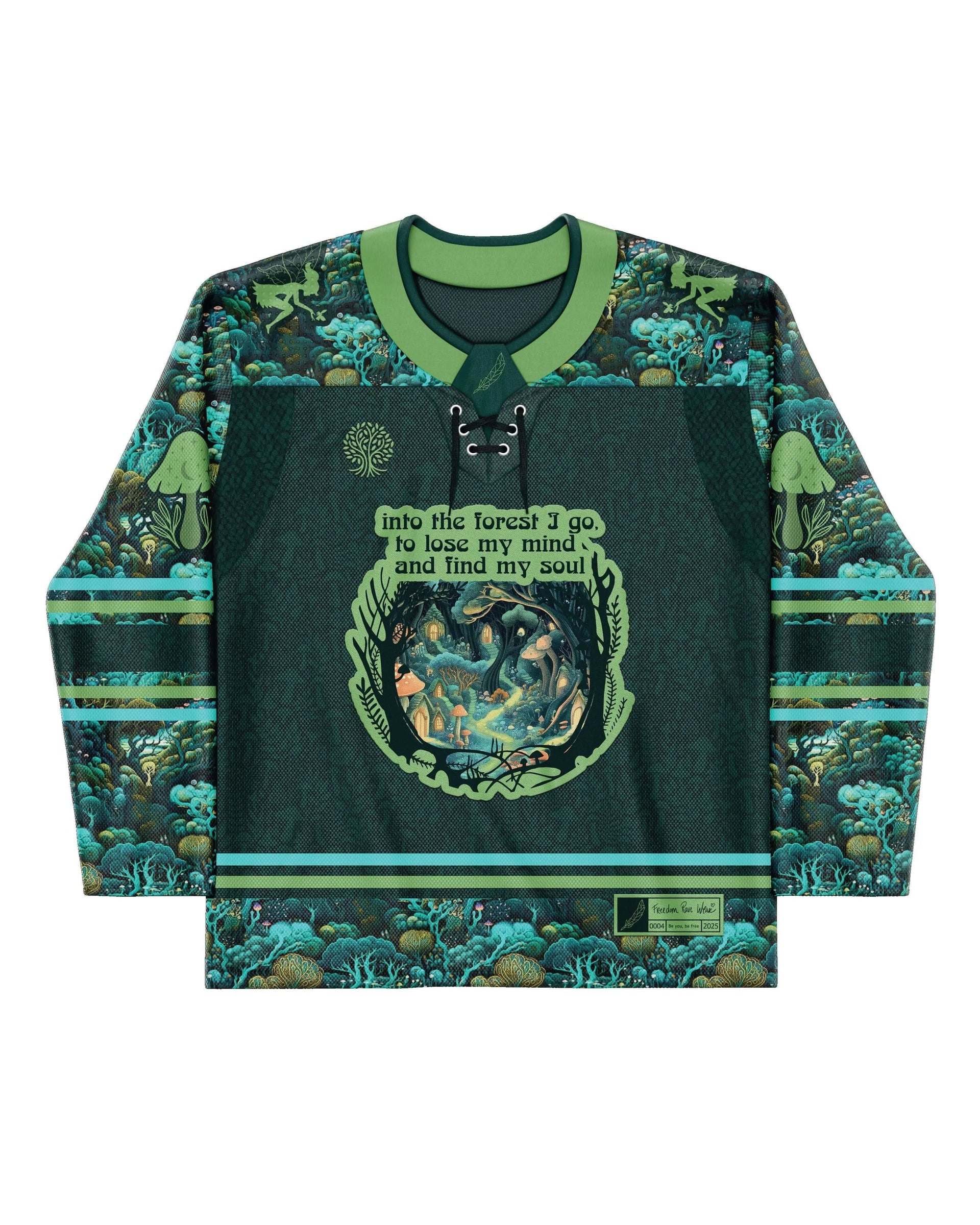 Faewood Hockey Jersey front view, showcasing a dark green rave top with an enchanted forest pattern and a central magical woodland graphic.