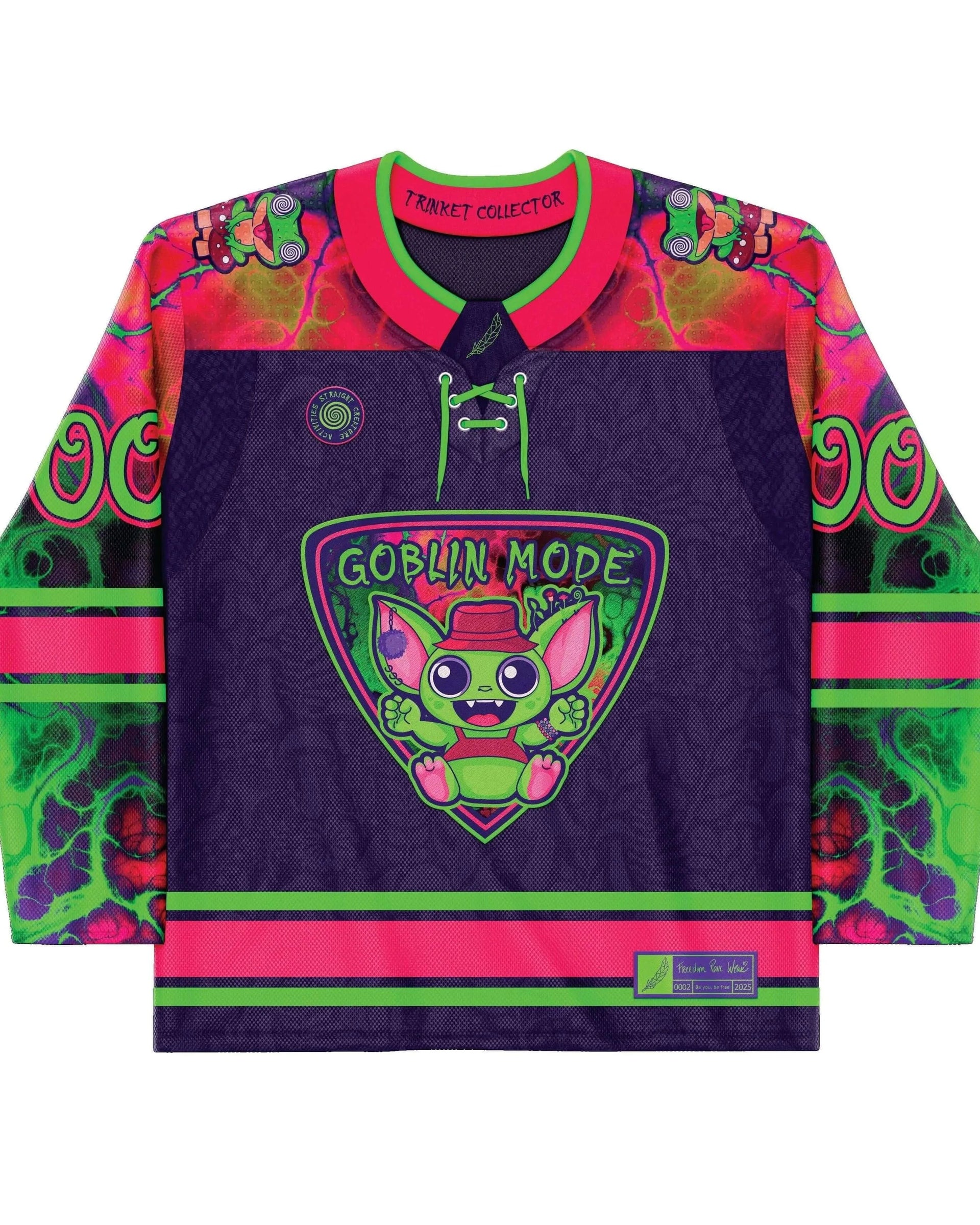 Front view of the Goblin Mode Hockey Jersey, a vibrant purple rave top with neon green and hot pink accents, featuring a playful goblin graphic and abstract patterns, perfect for festivals.
