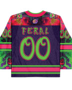 Back of the Goblin Mode Hockey Jersey, showcasing the vibrant purple, neon green, and hot pink design with 'FERAL OO' text, perfect for festival wear.