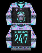 Rave to the Grave Hockey Jersey back view, showcasing the iridescent purple and blue 'RAVE TO THE GRAVE 24/7' text, perfect for festival fashion.