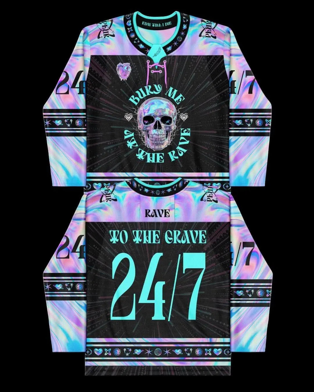 Rave to the Grave Hockey Jersey back view, showcasing the iridescent purple and blue 'RAVE TO THE GRAVE 24/7' text, perfect for festival fashion.