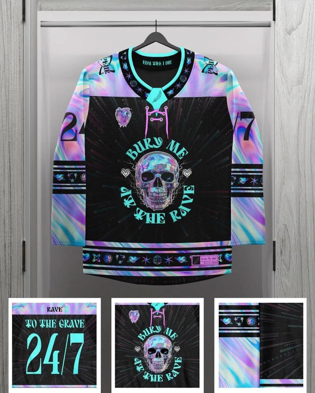 Front view of the Rave to the Grave Hockey Jersey, featuring an iridescent purple and blue pattern on the sleeves and a holographic skull design on the black front, perfect for a rave or festival.