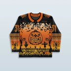 Spooky Szn Hockey Jersey in black and orange, featuring a large jack-o'-lantern and Halloween graphics, perfect for a rave festival.