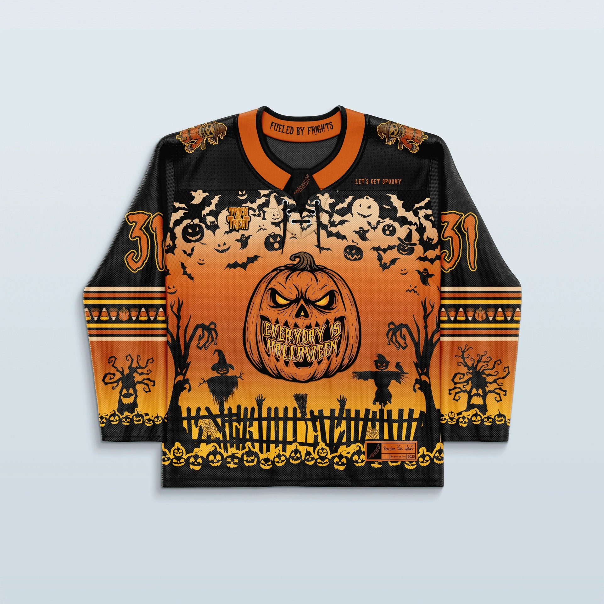 Spooky Szn Hockey Jersey in black and orange, featuring a large jack-o'-lantern and Halloween graphics, perfect for a rave festival.