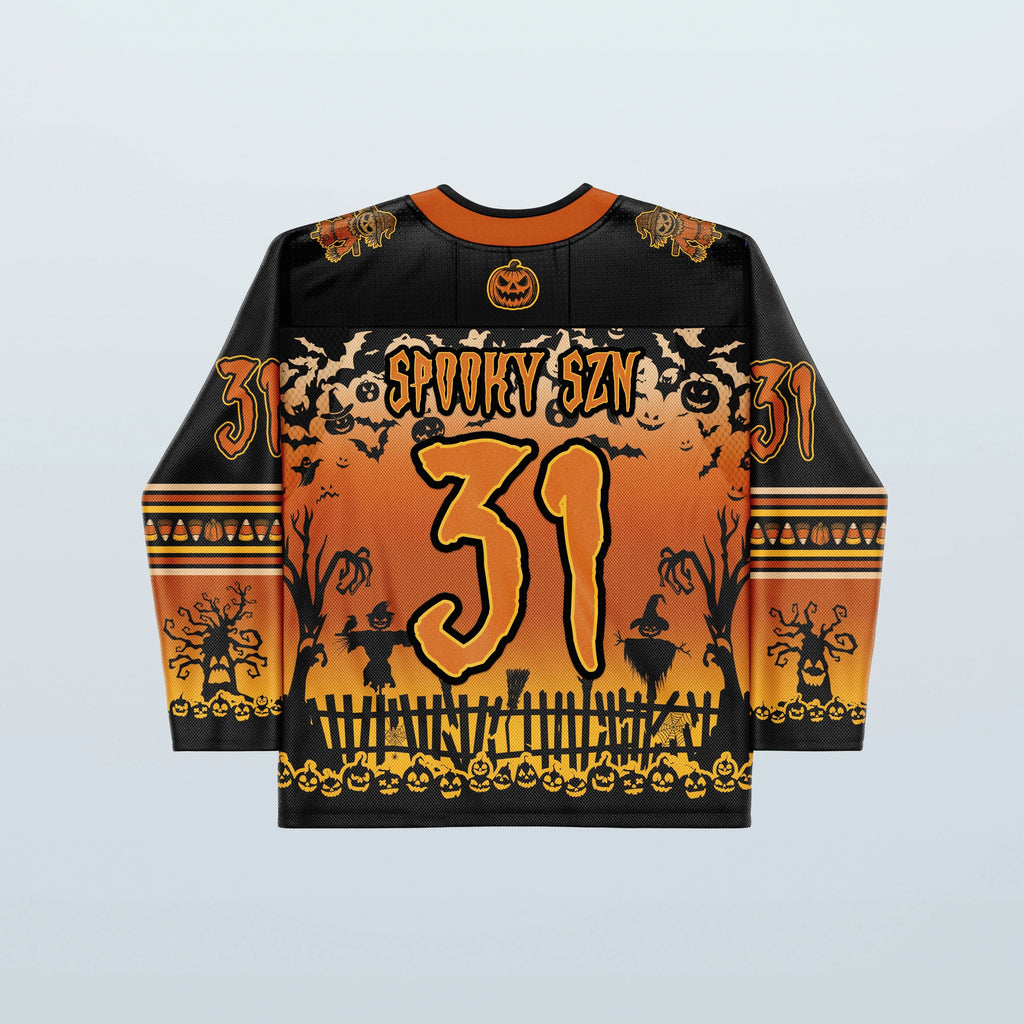 Spooky Szn Hockey Jersey back view, featuring a large orange '31' and 'SPOOKY SZN' text, perfect for rave or festival wear.