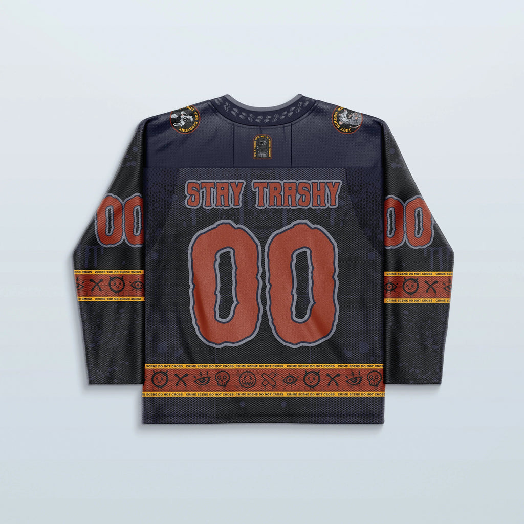 Back view of the Trash Brigade Hockey Jersey, featuring large red '00' numbers and 'STAY TRASHY' text, perfect for a festival.