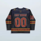Back view of the Trash Brigade Hockey Jersey, featuring large red '00' numbers and 'STAY TRASHY' text, perfect for a festival.