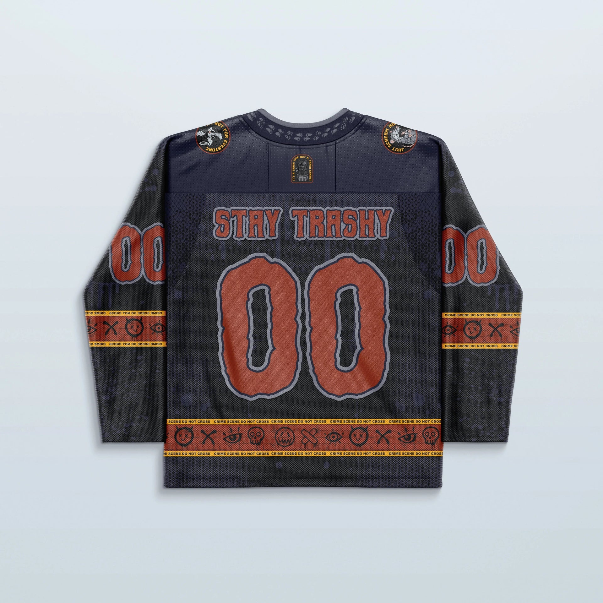 Back view of the Trash Brigade Hockey Jersey, featuring large red '00' numbers and 'STAY TRASHY' text, perfect for a festival.