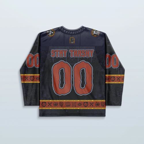 Back view of the Trash Brigade Hockey Jersey, featuring large red '00' numbers and 'STAY TRASHY' text, perfect for a festival.
