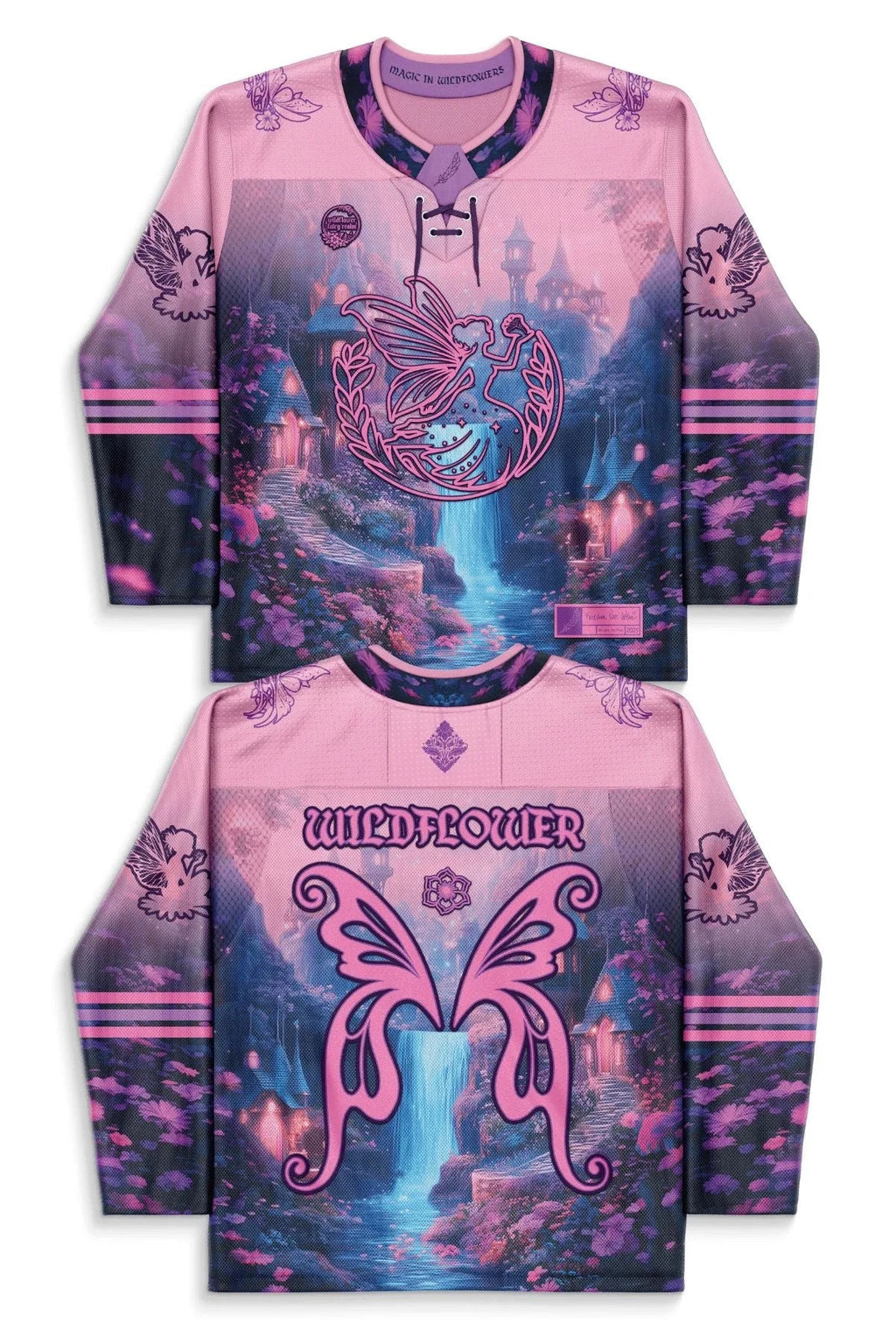 Back view of the Wildflower Hockey Jersey, showcasing pink butterfly wings over a waterfall and enchanted forest scene, perfect for rave festivals.