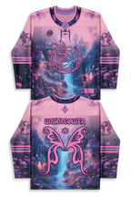 Back view of the Wildflower Hockey Jersey, showcasing pink butterfly wings over a waterfall and enchanted forest scene, perfect for rave festivals.