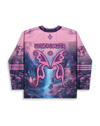 Wildflower Hockey Jersey back view, showcasing a pink butterfly graphic over a magical waterfall landscape, perfect for festival rave wear.