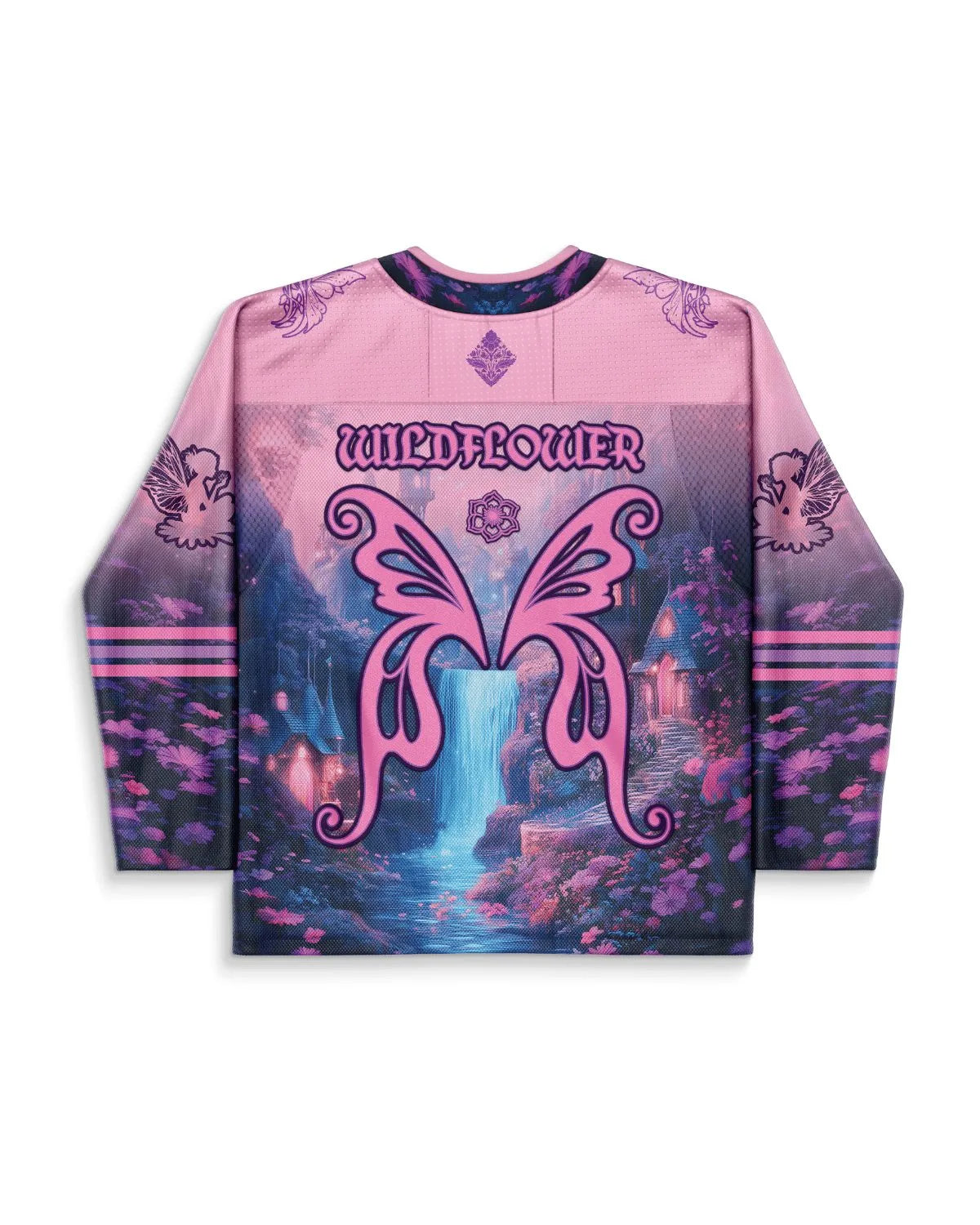 Wildflower Hockey Jersey back view, showcasing a pink butterfly graphic over a magical waterfall landscape, perfect for festival rave wear.