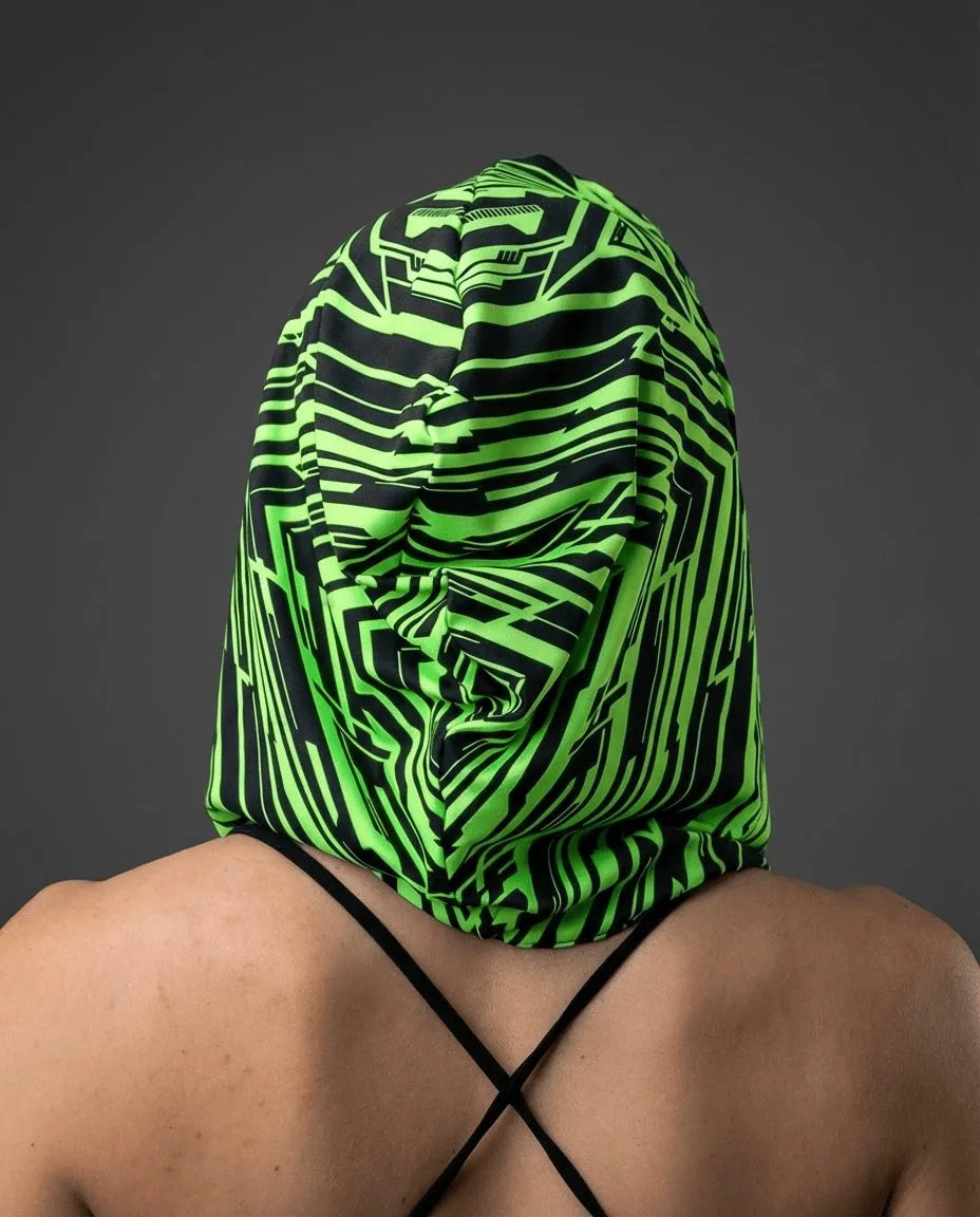 Techtronix Assassin Hood from the back, showcasing electric lime green and black circuitry pattern, perfect for a rave festival.