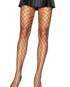 Black large diamond fishnet pantyhose on a model's legs, perfect for a rave or festival outfit, front view.