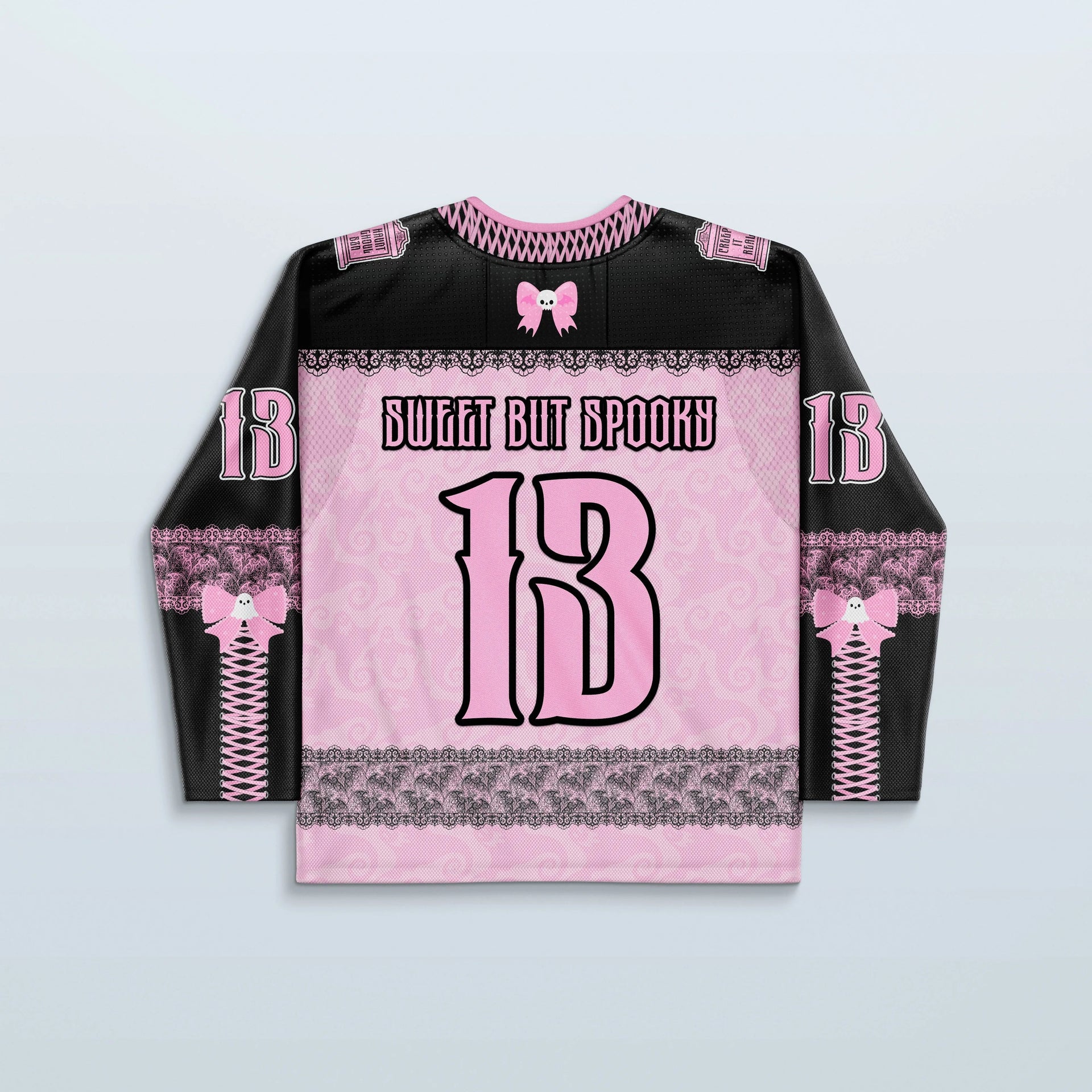 Back of the Boo Hockey Jersey in pink and black, featuring 'SWEET BUT SPOOKY' text and a large '13', perfect for a spooky-sweet rave festival look.