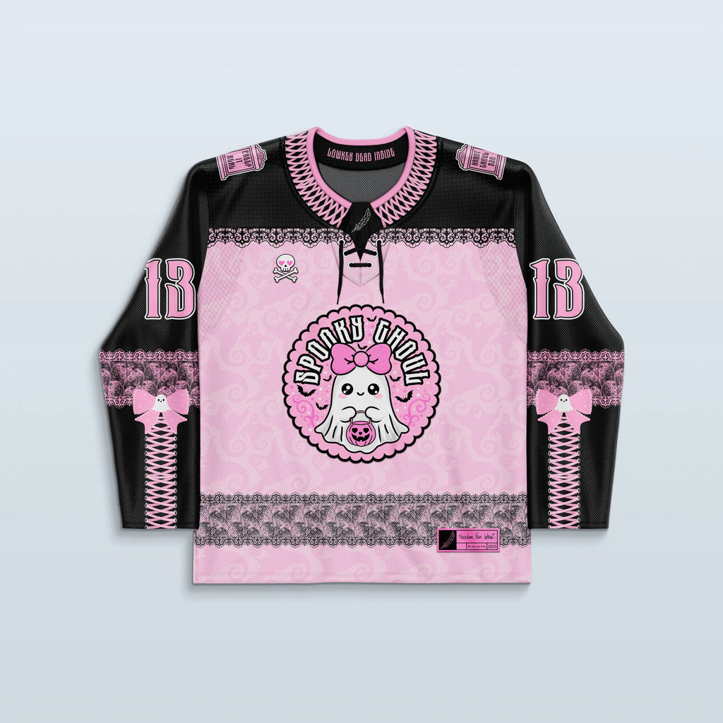 Boo Hockey Jersey in pink and black, front view, featuring a cute ghost graphic and number 13, perfect for a rave festival.